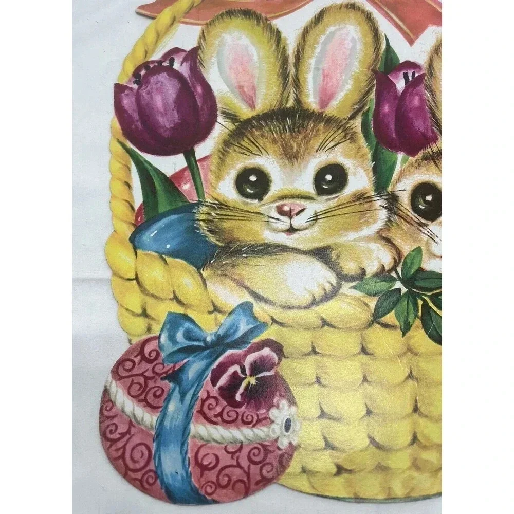VTG Die Cut Cardboard Easter Decoration Brown Rabbits in Basket with Egg Tulips